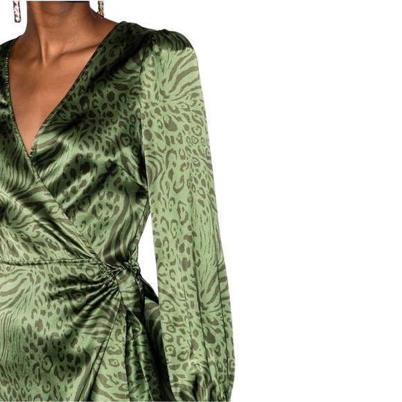 Reformation Kenna Green Silk Leopard Wrap Mini Dress M Long Sleeve Party EUC - Picture 2 of 8
